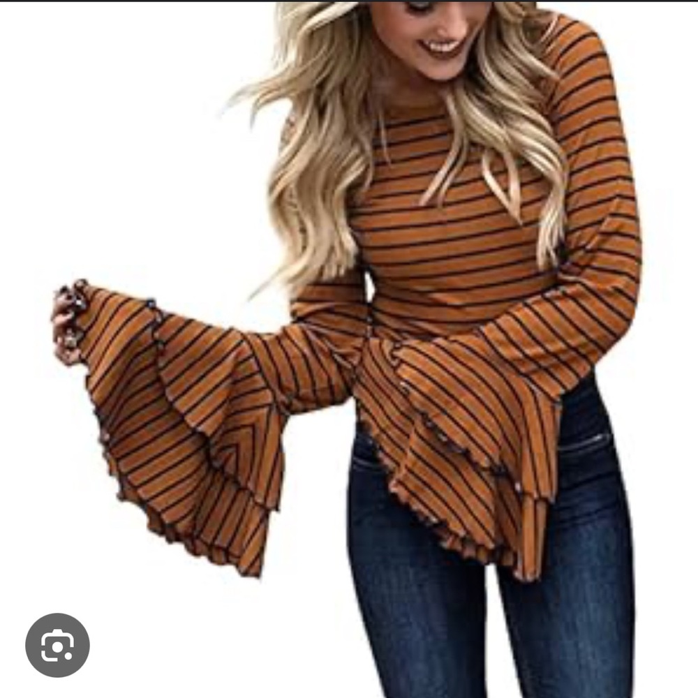 Striped Bell Sleeve Top - Brown